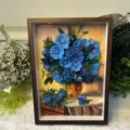 Cuadro decorativo flores secas 3D marco madera piñas azules arte floral decoración hogar - DA-11L
