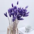 Purple dried bunny tail grass bouquet with gold metal frame glass vase for home decor setup. - One Bundle / Purple