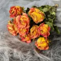 Dried Rose Bouquet Yellow Red Gradient Floral Arrangement DIY Material Pack - Golden Branches and Leaves / 1 Bunch of 10 Stems