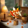Mini dried flower bouquet set with wooden base for home wedding party decor and gifts. - Orange and White