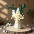 Mini preserved flower bouquet, white vase and wood base for home wedding decor gift. - Ceramic Vase Decor
