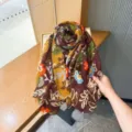 Women vintage floral silk scarf summer travel sun protection long shawl wrap detail. - Color 10