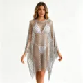 Women silver mesh fringe poncho beach cover up sheer hollow out summer vacation top - Silver