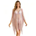 Women pink crochet fringe beach cover-up poncho summer hollow out resort cape top chic - Pink