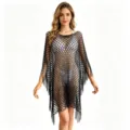 Black crochet beach cover up tassel detail hollow out cape top summer swimwear - Black