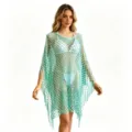 Women crochet beach cover up sheer net tassel poncho summer vacation swimwear blouse - Cyan