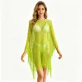 Neon green mesh fringe beach cover-up detail, hollow-out poncho vacation top close-up. - Fluorescent Green