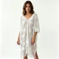 White crochet lace beach cover-up v-neck summer tunic bikini swimwear dress for women - One Size / White