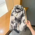 Elegant abstract floral print lightweight scarf with gold foil accents, perfect for summer sun protection. - Black White Gray Ink