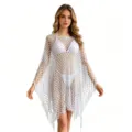 White crochet beach cover-up poncho, hollow out fringe summer vacation swimwear cape top. - White