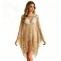 Gold crochet fringe beach cover up poncho, summer hollow out resort wear swimwear top. - Gold