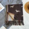 Winter women's warm faux cashmere scarf with cute dachshund jacquard pattern and chic tassels. - Coffee