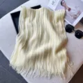 Lightweight yellow striped scarf with tassel summer long shawl feather yarn wrap for women - Light Yellow