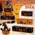 Halloween wooden block set detail view showcasing dimensions and trick or treat decorations. - As Shown