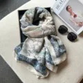 Bufanda retro de algodón y lino con paisley, elegante chal de otoño y pareo de playa versátil. - 90*180cm / Azul y Blanco