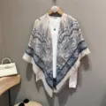 Detailed view of large paisley print cotton linen shawl scarf, ethnic style travel wrap. - Blue Paisley