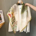 Vintage botanical silk cotton square scarf, elegant 110x110cm sun protection shawl for women. - Floral & Stripe