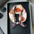 Silk small square scarf for women, featuring autumn pumpkin and maple leaf prints for a chic look. - RT#1