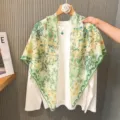 Women's silk cotton square scarf floral print vintage summer sun protection shawl 110x110cm - Black Dinosaur