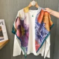 Floral Print Silk Cotton Scarf 110x110cm French Retro Square Shawl Sunscreen Beach Wrap - Blue Dinosaur