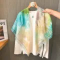 French vintage style watercolor silk cotton square scarf, lightweight summer sun protection shawl. - Style 49