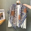 Women luxury paisley silk cotton square scarf retro blue floral shawl 110x110cm chic wrap - Style 52