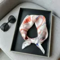Elegant silk square scarf featuring vibrant marine prints, perfect for stylish summer outfits. - RT#7
