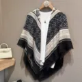 Oversized ethnic style square scarf shawl, black and white geometric print cotton linen wrap. - Black
