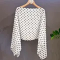 Detailed close-up view of the elegant black and white polka dot chiffon shawl design. - White Polka Dot