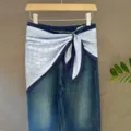 Blue denim jeans styled with a paisley print bandana scarf tied at the waist for women. - 17#