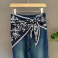 Blue floral silk scarf tied on denim jeans waist, elegant multi-purpose square fashion hair wrap. - 8#