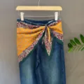 Multi-use printed square scarf tied on denim jeans waist, fashionable bohemian style. - 31#