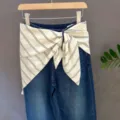 Stylish blue denim jeans featuring a chic striped silk scarf waist tie design for women. - 24#