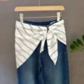 Women denim jeans featuring a stylish black and white striped tie belt variant for casual wear. - 25#