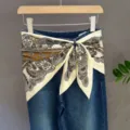 Stylish paisley print square scarf tied around denim waist, versatile fashion accessory. - 12#