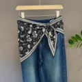 Black and white floral silk square scarf tied on denim jeans waist, fashion accessory. - 15#