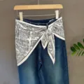 Chic printed square scarf tied on classic denim jeans, stylish multi-use accessory. - 6#
