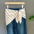 Blue denim jeans with chic beige striped silk scarf tie belt, stylish spring women clothing. - 26#