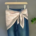 Stylish pink patterned silk square scarf tied on blue denim jeans for women fashion look - 29#