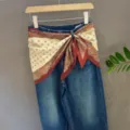 Blue denim jeans with paisley print scarf waist tie, stylish casual spring pants. - 32#