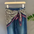 Paisley print silk scarf bandana tied on blue jeans, vintage multi-use fashion accessory. - 33#