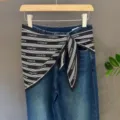 Blue denim jeans featuring stylish black and white striped scarf tie with respect print. - 35#