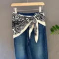 Stylish paisley square silk scarf styled with denim jeans, versatile fashion accessory item. - 10#
