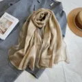 Elegant lightweight champagne sheer scarf for women, breathable sun protection shawl wrap. - Coffee