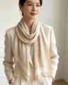 Elegant women's printed silk scarf shawl in elegant beige style for daily autumn wear. - Khaki