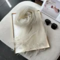 French thin mesh tassel scarf for women, off-white shawl for spring and summer chic daily use. - Light Khaki