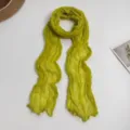 Women solid color crinkle ribbon scarf, lightweight pleated candy color long neck wrap. - Yellow-Green