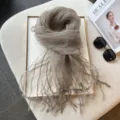 Lightweight grey organza striped scarf with tassel fringe, elegant sheer spring summer wrap. - 180cm / Premium Coffee