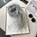 Elegant gray sheer mesh fringe scarf shawl for women, lightweight summer fashion accessory. - Gray