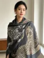 Dark grey leopard tiger embroidered vintage shawl elegant women scarf luxury old money style - Gray